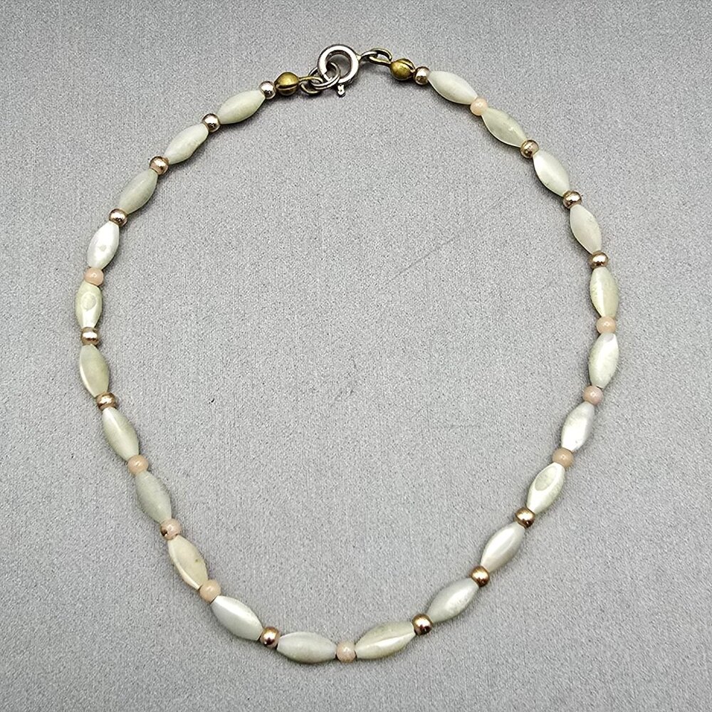 VTG MOP Rice Beaded Anklet Bracelet 8.75" Gold Plated Spacers Spring Ring Clasp - Picture 2 of 8